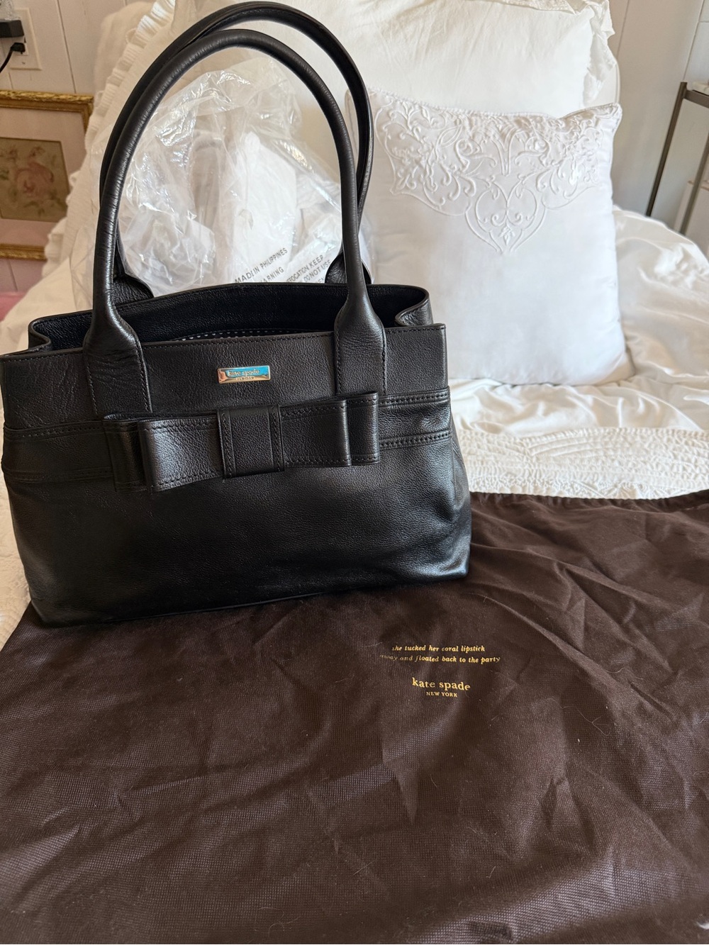 kate spade Black Leather Satchel with Bow Detail